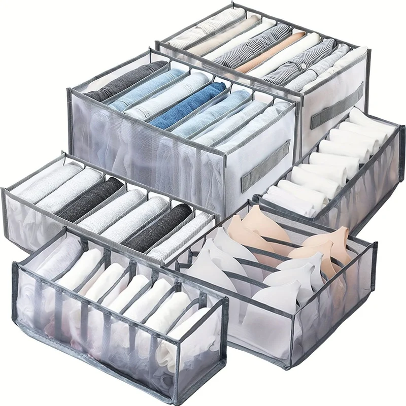 6-teiliger Kleiderschrank-Kleiderorganisator für Jeans, verbesserte Schubladenorganisatoren für Kleidung mit Griff, faltbare Schubladenorganisatoren für die Familie (Hemd + Jeans + T-Shirt + BH + Unterwäsche + Socken, grau)