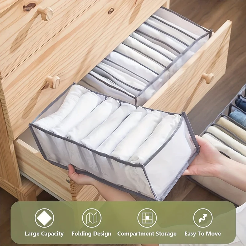 6-teiliger Kleiderschrank-Kleiderorganisator für Jeans, verbesserte Schubladenorganisatoren für Kleidung mit Griff, faltbare Schubladenorganisatoren für die Familie (Hemd + Jeans + T-Shirt + BH + Unterwäsche + Socken, grau)