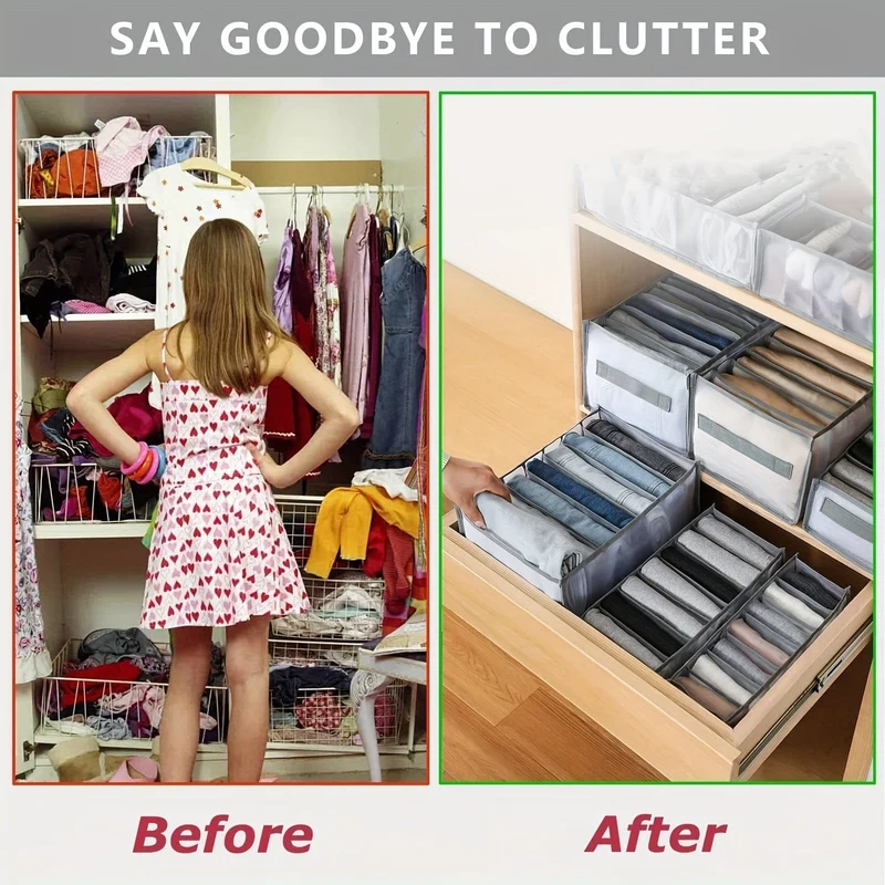 6-teiliger Kleiderschrank-Kleiderorganisator für Jeans, verbesserte Schubladenorganisatoren für Kleidung mit Griff, faltbare Schubladenorganisatoren für die Familie (Hemd + Jeans + T-Shirt + BH + Unterwäsche + Socken, grau)