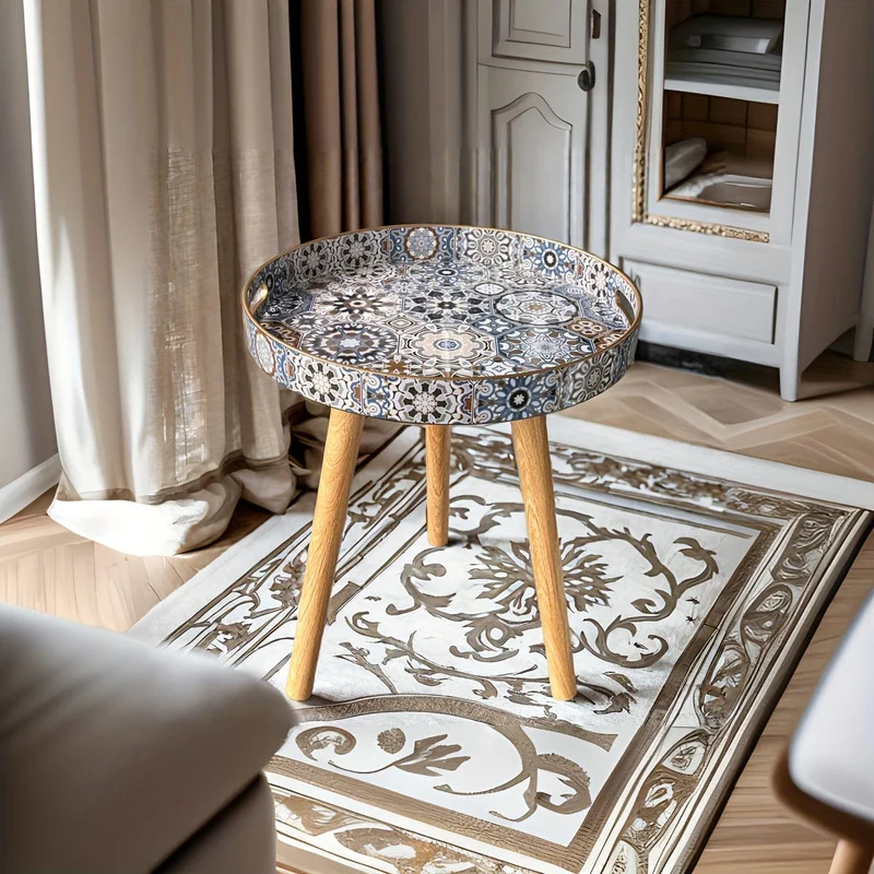 Kleine Skulptur-Dekoration im Bohème-Stil. Vielseitiger Couchtisch mit Holztablett und abnehmbaren Beinen für die Heimdekoration im Wohnzimmer