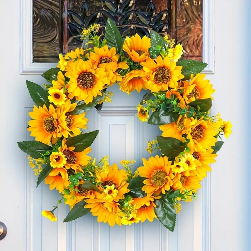 1 Stück, Sonnenblumengirlande – Türdekoration aus natürlichem Rattan, rund, mit künstlichen Sonnenblumen und abgestorbenen Zweigen