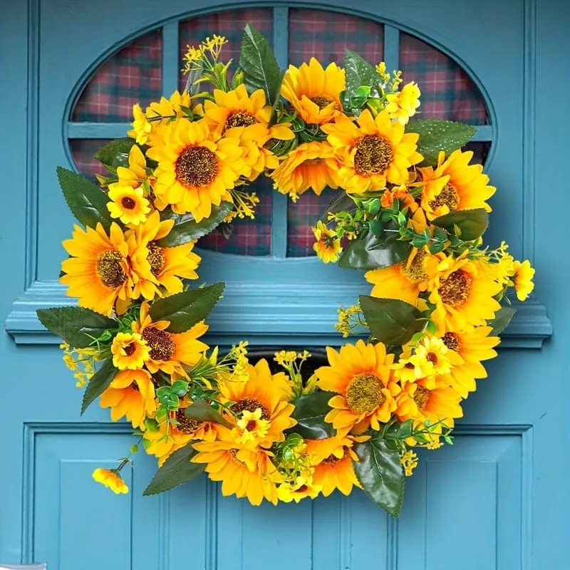 1 Stück, Sonnenblumengirlande – Türdekoration aus natürlichem Rattan, rund, mit künstlichen Sonnenblumen und abgestorbenen Zweigen