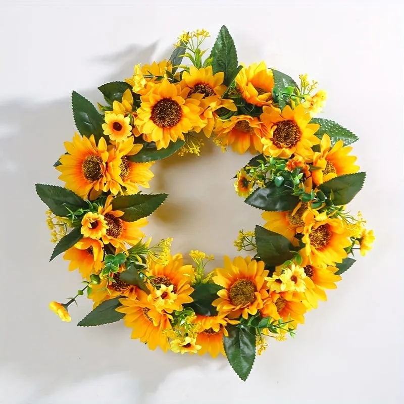 1 Stück, Sonnenblumengirlande – Türdekoration aus natürlichem Rattan, rund, mit künstlichen Sonnenblumen und abgestorbenen Zweigen