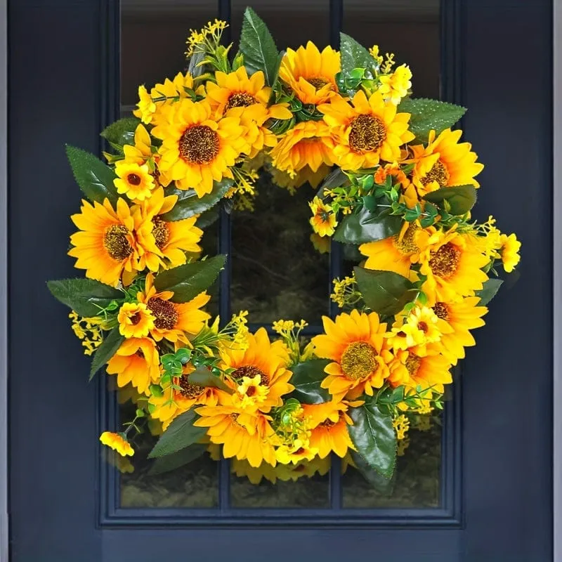 1 Stück, Sonnenblumengirlande – Türdekoration aus natürlichem Rattan, rund, mit künstlichen Sonnenblumen und abgestorbenen Zweigen