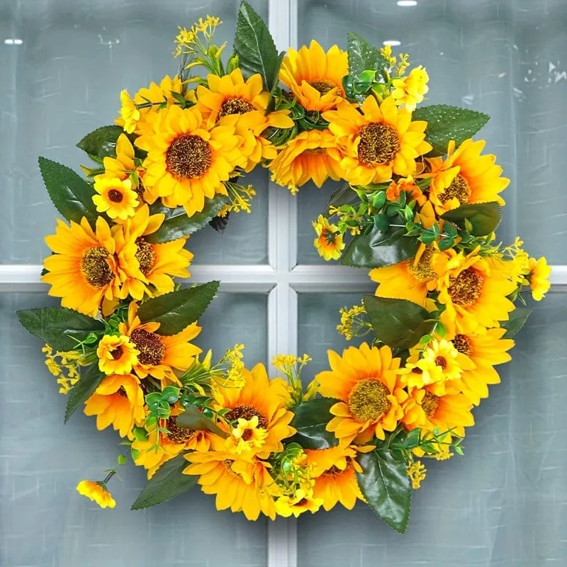 1 Stück, Sonnenblumengirlande – Türdekoration aus natürlichem Rattan, rund, mit künstlichen Sonnenblumen und abgestorbenen Zweigen