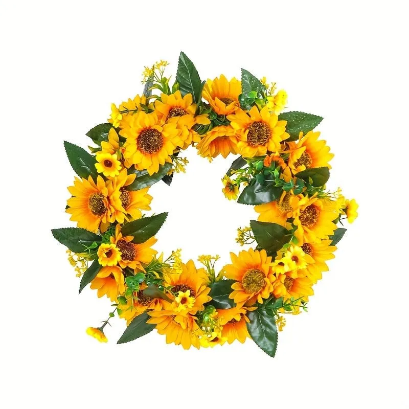 1 Stück, Sonnenblumengirlande – Türdekoration aus natürlichem Rattan, rund, mit künstlichen Sonnenblumen und abgestorbenen Zweigen