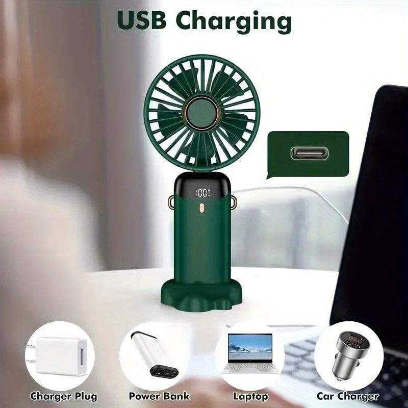 Tragbarer Mini-USB-Lüfter, LED-Digitalanzeige, 5 Geschwindigkeiten, 21 Stunden Akkulaufzeit, leiser Betrieb, ideal für Sommerreisen und den Haushalt