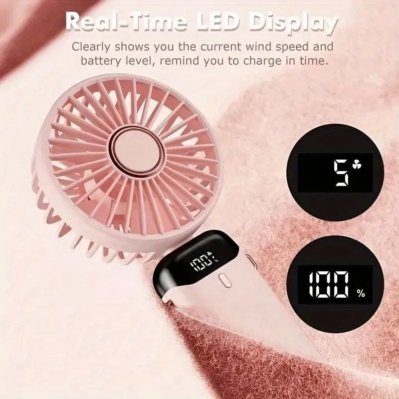 Tragbarer Mini-USB-Lüfter, LED-Digitalanzeige, 5 Geschwindigkeiten, 21 Stunden Akkulaufzeit, leiser Betrieb, ideal für Sommerreisen und den Haushalt