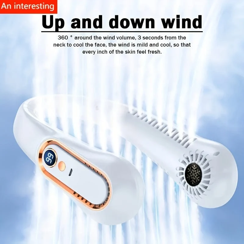 1 Stück flügelloser hängender Halsventilator, tragbarer USB-Kühlventilator mit 5 Geschwindigkeiten und Digitalanzeige – superstarke Technologie und flügelloses Design für den Außenbereich