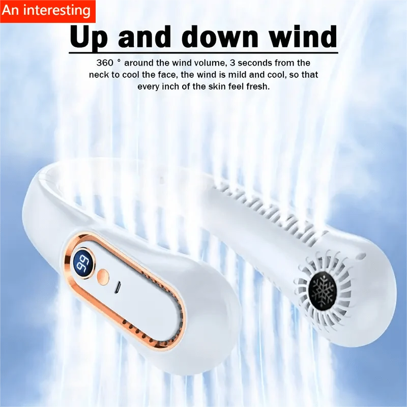 1 Stück flügelloser hängender Halsventilator, tragbarer USB-Kühlventilator mit 5 Geschwindigkeiten und Digitalanzeige – superstarke Technologie und flügelloses Design für den Außenbereich