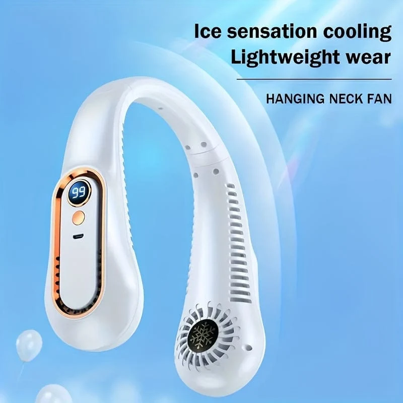 1 Stück flügelloser hängender Halsventilator, tragbarer USB-Kühlventilator mit 5 Geschwindigkeiten und Digitalanzeige – superstarke Technologie und flügelloses Design für den Außenbereich