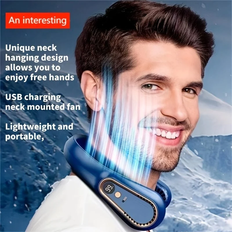 1 Stück flügelloser hängender Halsventilator, tragbarer USB-Kühlventilator mit 5 Geschwindigkeiten und Digitalanzeige – superstarke Technologie und flügelloses Design für den Außenbereich