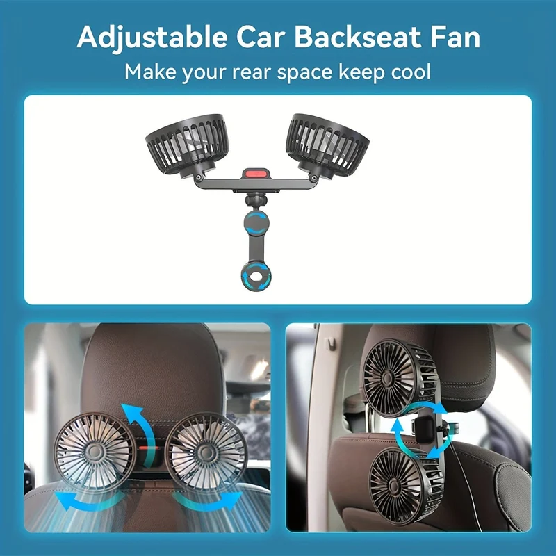 1-teiliger Autoventilator, kleine Auto-Klimaanlage, doppelköpfiger Heckventilator, starker Wind, 360-Grad-Drehung, großes Luftvolumen, Subwoofer-Betrieb, feste Clip-Montagemethode an der Basis, geeignet für Zuhause im Auto