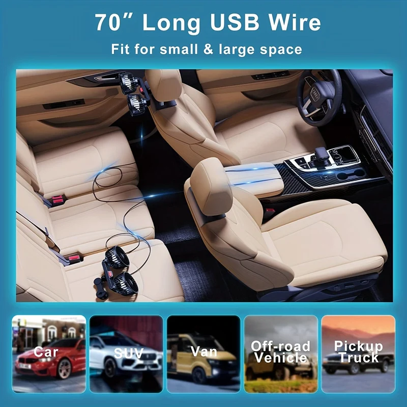 1-teiliger Autoventilator, kleine Auto-Klimaanlage, doppelköpfiger Heckventilator, starker Wind, 360-Grad-Drehung, großes Luftvolumen, Subwoofer-Betrieb, feste Clip-Montagemethode an der Basis, geeignet für Zuhause im Auto