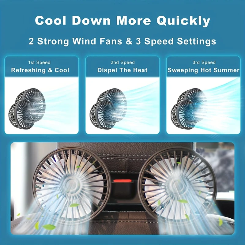 1-teiliger Autoventilator, kleine Auto-Klimaanlage, doppelköpfiger Heckventilator, starker Wind, 360-Grad-Drehung, großes Luftvolumen, Subwoofer-Betrieb, feste Clip-Montagemethode an der Basis, geeignet für Zuhause im Auto