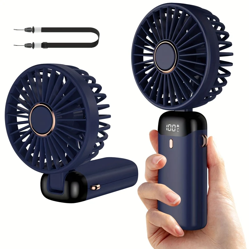 Tragbarer Hand-Mini-Ventilator, wiederaufladbar über USB, mit LED-Anzeige, 5 Geschwindigkeiten, 90° faltbar, batteriebetrieben, für Büro, Schlafzimmer, Outdoor, Reisen, Camping, Schulanfang