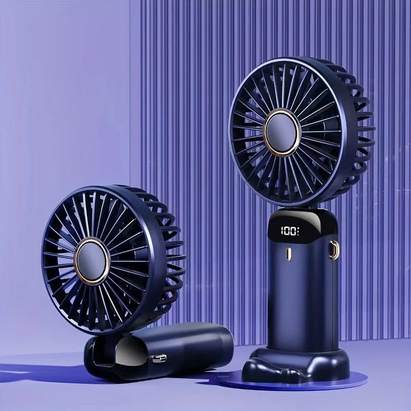 Tragbarer Hand-Mini-Ventilator, wiederaufladbar über USB, mit LED-Anzeige, 5 Geschwindigkeiten, 90° faltbar, batteriebetrieben, für Büro, Schlafzimmer, Outdoor, Reisen, Camping, Schulanfang