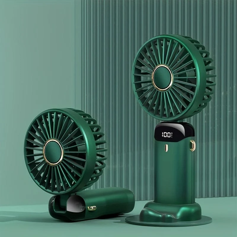 Tragbarer Hand-Mini-Ventilator, wiederaufladbar über USB, mit LED-Anzeige, 5 Geschwindigkeiten, 90° faltbar, batteriebetrieben, für Büro, Schlafzimmer, Outdoor, Reisen, Camping, Schulanfang