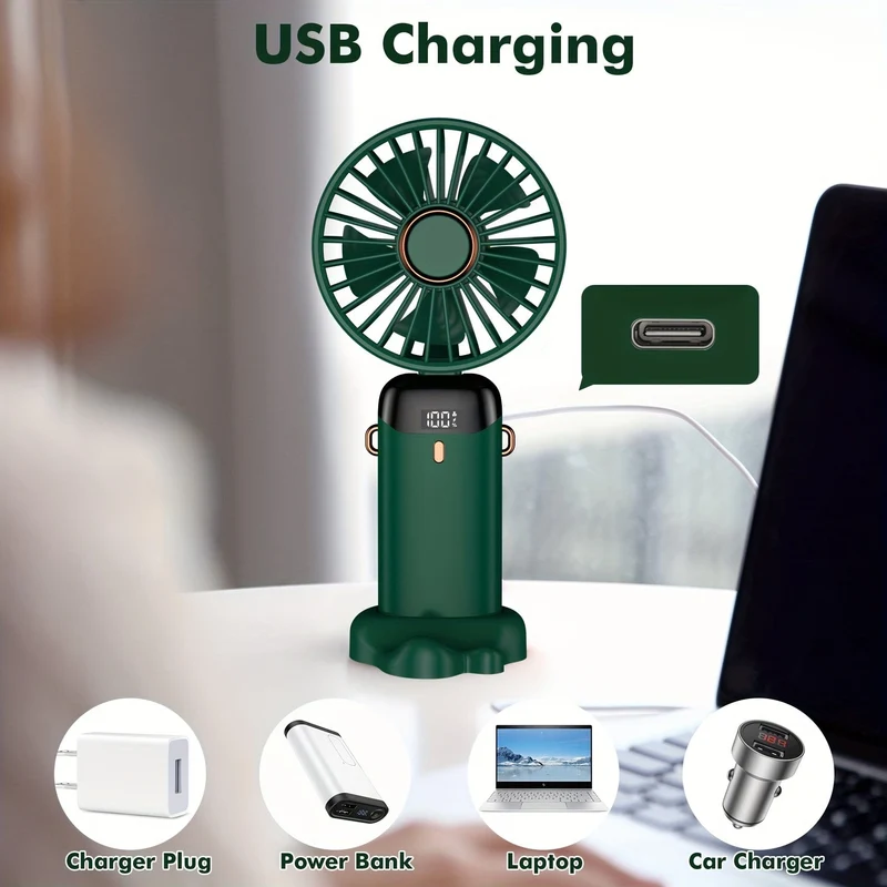 Tragbarer Hand-Mini-Ventilator, wiederaufladbar über USB, mit LED-Anzeige, 5 Geschwindigkeiten, 90° faltbar, batteriebetrieben, für Büro, Schlafzimmer, Outdoor, Reisen, Camping, Schulanfang