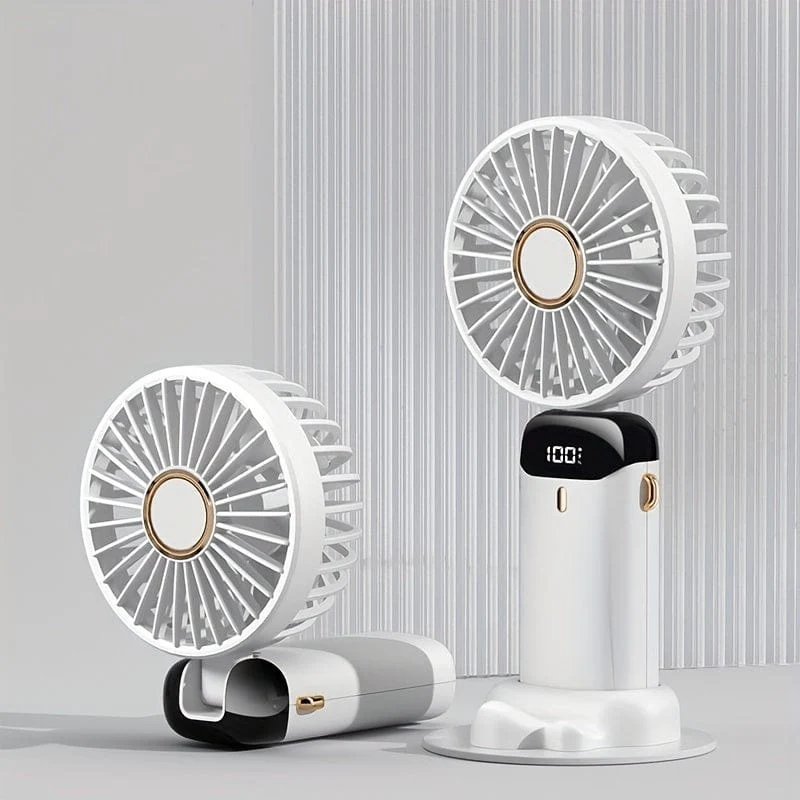 Tragbarer Hand-Mini-Ventilator, wiederaufladbar über USB, mit LED-Anzeige, 5 Geschwindigkeiten, 90° faltbar, batteriebetrieben, für Büro, Schlafzimmer, Outdoor, Reisen, Camping, Schulanfang