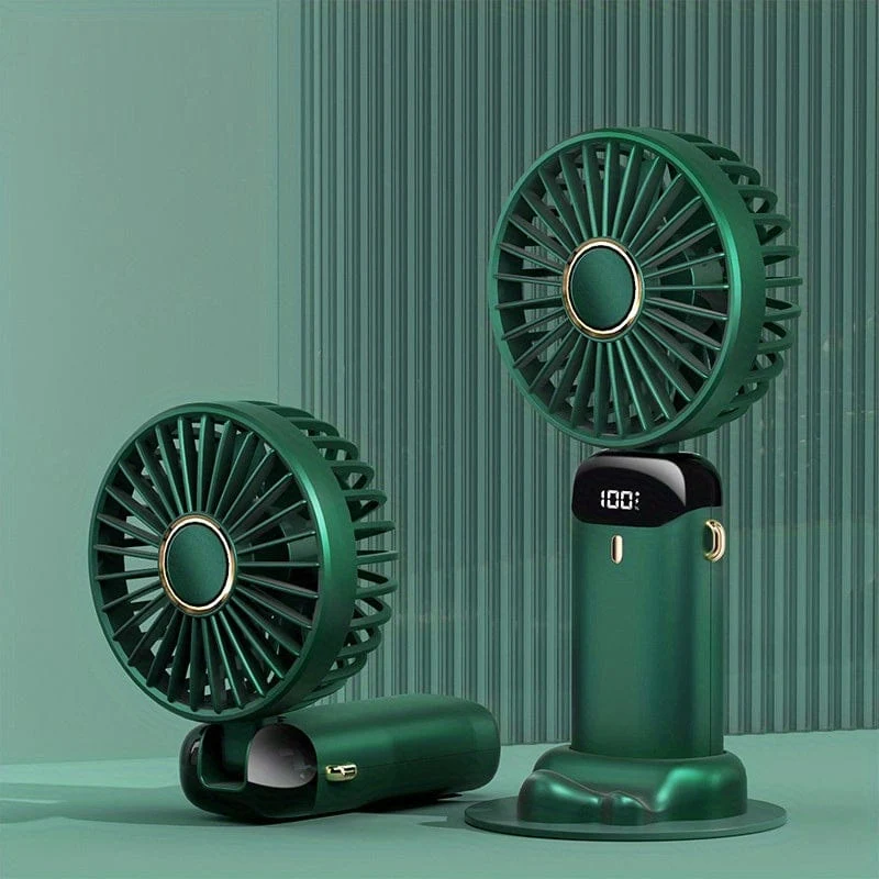 Tragbarer Hand-Mini-Ventilator, wiederaufladbar über USB, mit LED-Anzeige, 5 Geschwindigkeiten, 90° faltbar, batteriebetrieben, für Büro, Schlafzimmer, Outdoor, Reisen, Camping, Schulanfang