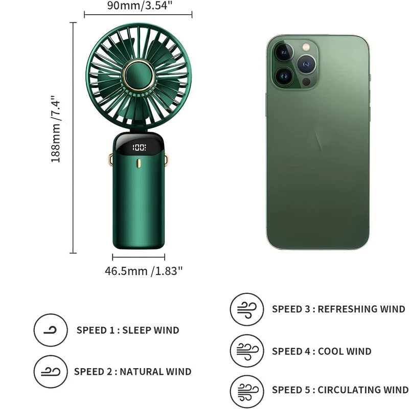 Tragbarer Hand-Mini-Ventilator, wiederaufladbar über USB, mit LED-Anzeige, 5 Geschwindigkeiten, 90° faltbar, batteriebetrieben, für Büro, Schlafzimmer, Outdoor, Reisen, Camping, Schulanfang