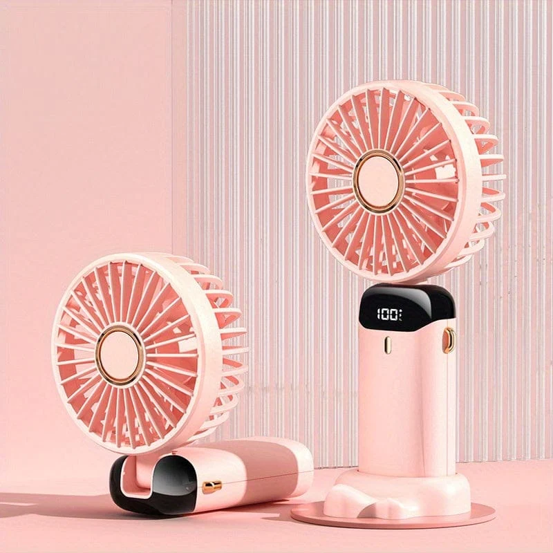 Tragbarer Hand-Mini-Ventilator, wiederaufladbar über USB, mit LED-Anzeige, 5 Geschwindigkeiten, 90° faltbar, batteriebetrieben, für Büro, Schlafzimmer, Outdoor, Reisen, Camping, Schulanfang