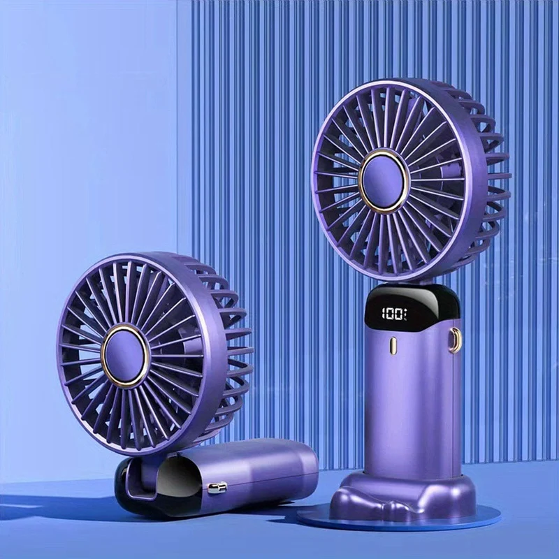 Tragbarer Hand-Mini-Ventilator, wiederaufladbar über USB, mit LED-Anzeige, 5 Geschwindigkeiten, 90° faltbar, batteriebetrieben, für Büro, Schlafzimmer, Outdoor, Reisen, Camping, Schulanfang