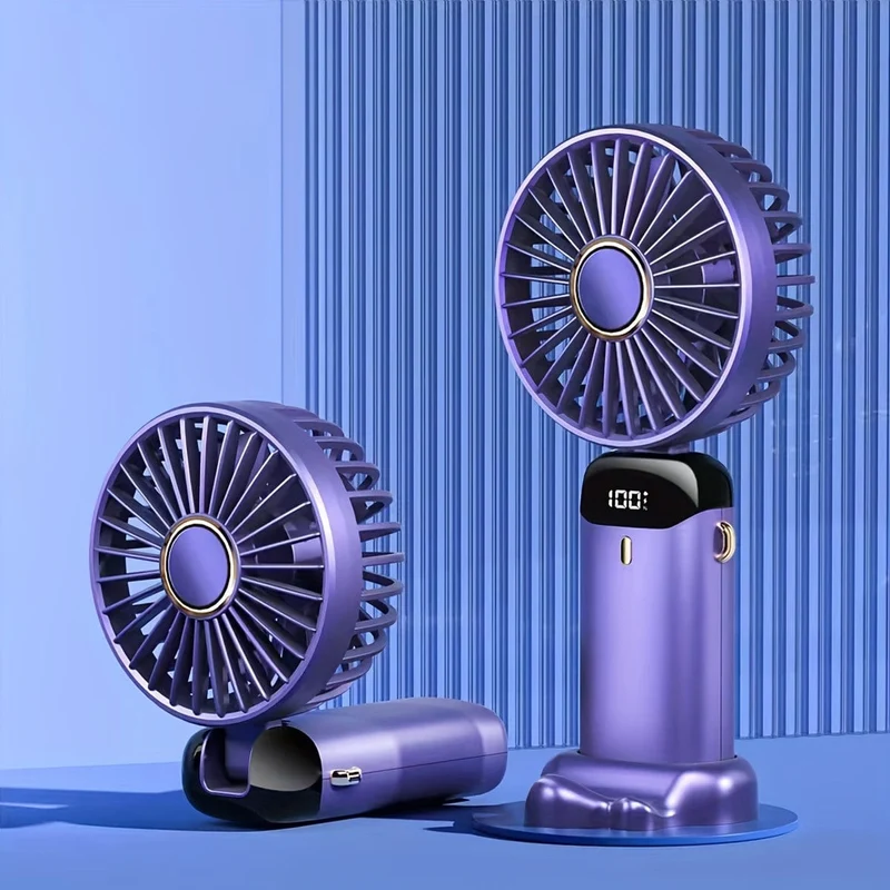 Tragbarer Hand-Mini-Ventilator, wiederaufladbar über USB, mit LED-Anzeige, 5 Geschwindigkeiten, 90° faltbar, batteriebetrieben, für Büro, Schlafzimmer, Outdoor, Reisen, Camping, Schulanfang