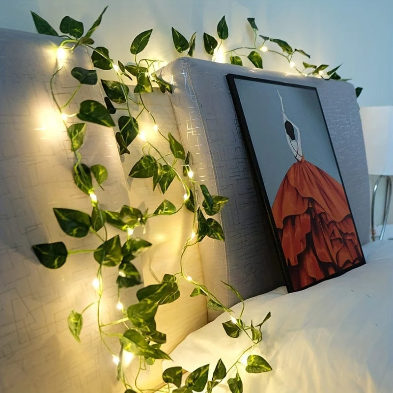 1 Stück, LED-Lichterkette mit grünen Blättern, Kunstpflanzen (2 m, 78.74 LEDs), Neujahrsdekorationen, batteriebetrieben – Batterien nicht im Lieferumfang enthalten, für Wanddekoration, Hauszimmerdekoration, Bürodekoration, Geburtstag, Wohnzimmer, Schlafzimmerdekoration