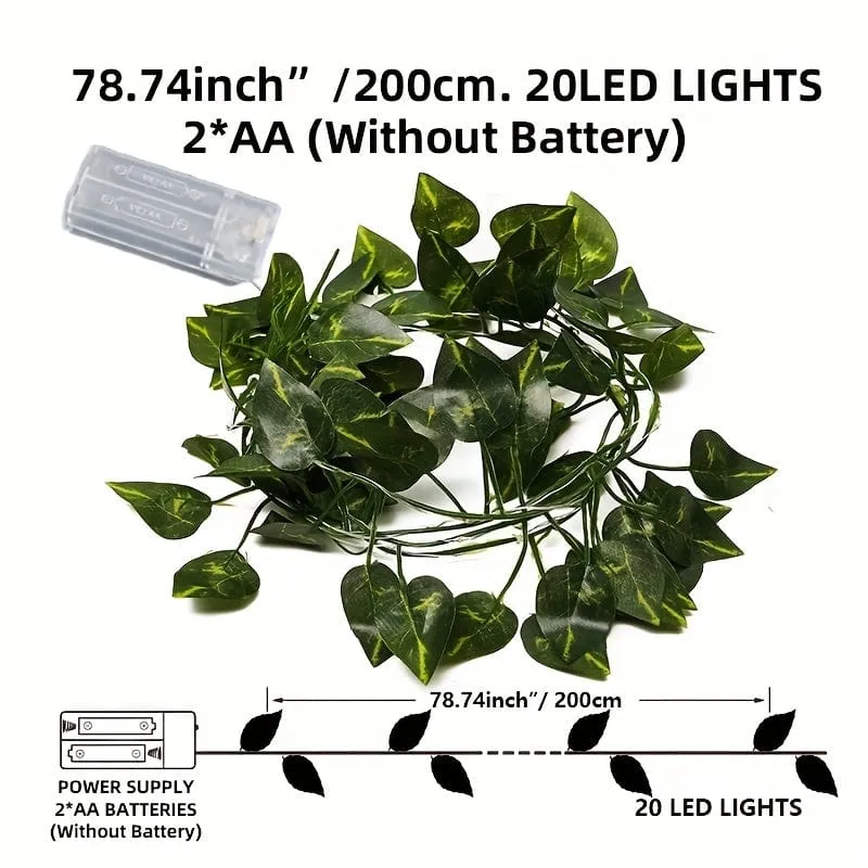 1 Stück, LED-Lichterkette mit grünen Blättern, Kunstpflanzen (2 m, 78.74 LEDs), Neujahrsdekorationen, batteriebetrieben – Batterien nicht im Lieferumfang enthalten, für Wanddekoration, Hauszimmerdekoration, Bürodekoration, Geburtstag, Wohnzimmer, Schlafzimmerdekoration