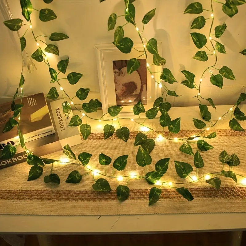 1 Stück, LED-Lichterkette mit grünen Blättern, Kunstpflanzen (2 m, 78.74 LEDs), Neujahrsdekorationen, batteriebetrieben – Batterien nicht im Lieferumfang enthalten, für Wanddekoration, Hauszimmerdekoration, Bürodekoration, Geburtstag, Wohnzimmer, Schlafzimmerdekoration