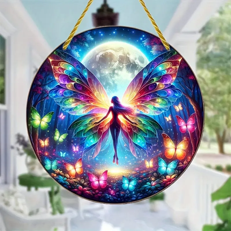 1 Stück, Feen-Sonnenfänger, Schmetterling, Elfenfarbe, Kunststoff-Fensterbehang, Acrylschild, Hängeornament, rundes Schild, Girlandendekoration, Weihnachtsgeschenk (6 x 6 cm), Fensterdekoration, Wanddekoration, Heimdekoration, Raumdekoration