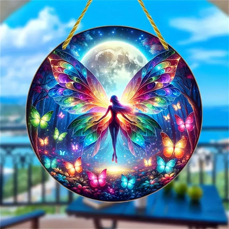 1 Stück, Feen-Sonnenfänger, Schmetterling, Elfenfarbe, Kunststoff-Fensterbehang, Acrylschild, Hängeornament, rundes Schild, Girlandendekoration, Weihnachtsgeschenk (6 x 6 cm), Fensterdekoration, Wanddekoration, Heimdekoration, Raumdekoration