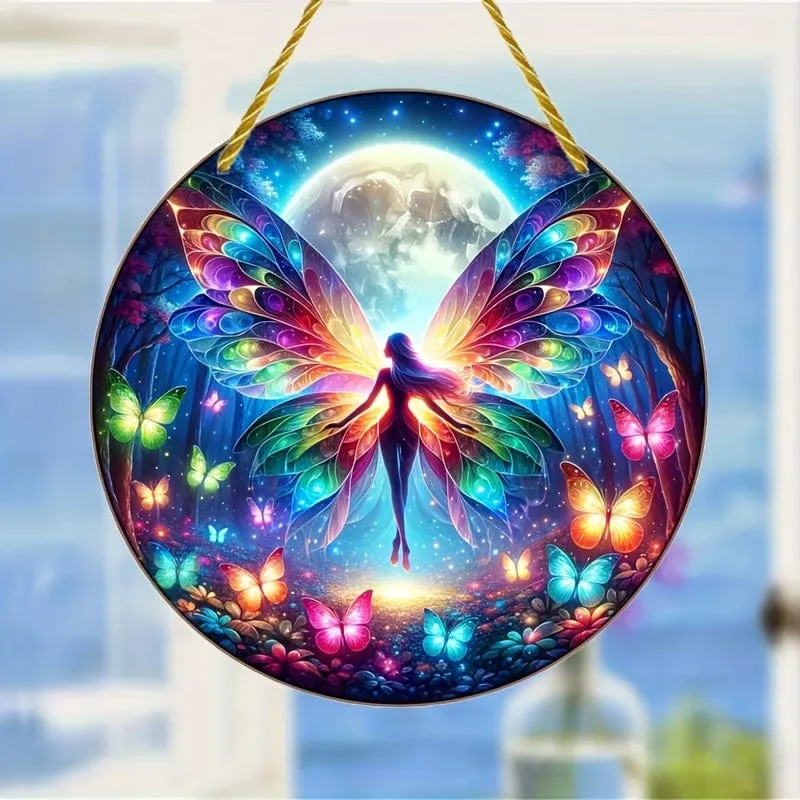 1 Stück, Feen-Sonnenfänger, Schmetterling, Elfenfarbe, Kunststoff-Fensterbehang, Acrylschild, Hängeornament, rundes Schild, Girlandendekoration, Weihnachtsgeschenk (6 x 6 cm), Fensterdekoration, Wanddekoration, Heimdekoration, Raumdekoration