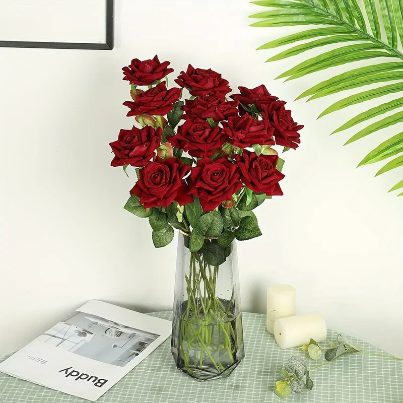 10 Stück künstliche Rosen, künstliche Rosen, künstliche Blumen mit Stielen, geeignet für Zuhause, Hochzeit, Tafelaufsatz, Hotel, Büro, Dekoration, Valentinstag als Heimdekoration, Heiratsantrags-Arrangement, Hochzeitszimmer