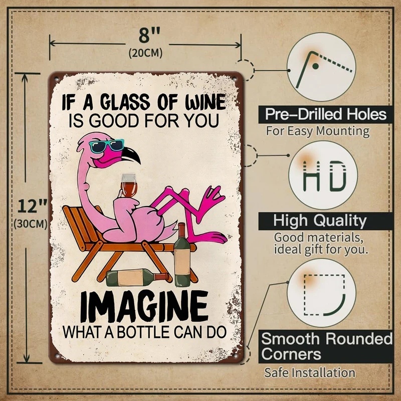 1 Stück, Flamingo-Vintage-Metallblechschilder „If A Glass Of Wine Is Good For You Imagine What A Bottle of Wine Can Do“, lustiges Poster, geeignet für Wanddekoration, Straße, Terrasse, Garage, Café, Zuhause, Bar, Club, Bauernhof, im Freien