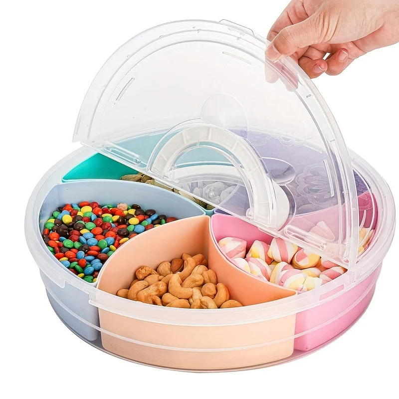 1 Stück Obst-Snack-Serviertablett mit Deckel, 30.99 cm großer Obst-Servierbehälter, 5 bunte Fächer, runde Vorspeisen-Servierplatte für Partys