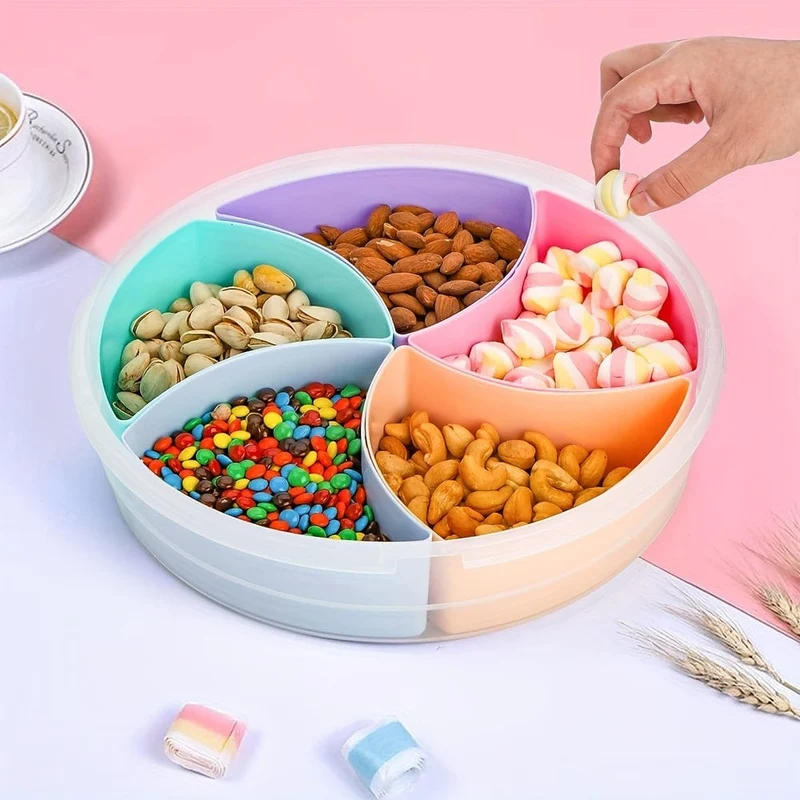 1 Stück Obst-Snack-Serviertablett mit Deckel, 30.99 cm großer Obst-Servierbehälter, 5 bunte Fächer, runde Vorspeisen-Servierplatte für Partys