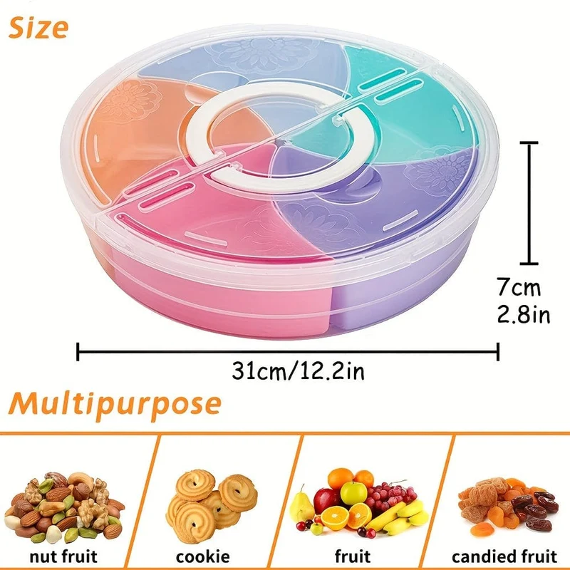 1 Stück Obst-Snack-Serviertablett mit Deckel, 30.99 cm großer Obst-Servierbehälter, 5 bunte Fächer, runde Vorspeisen-Servierplatte für Partys
