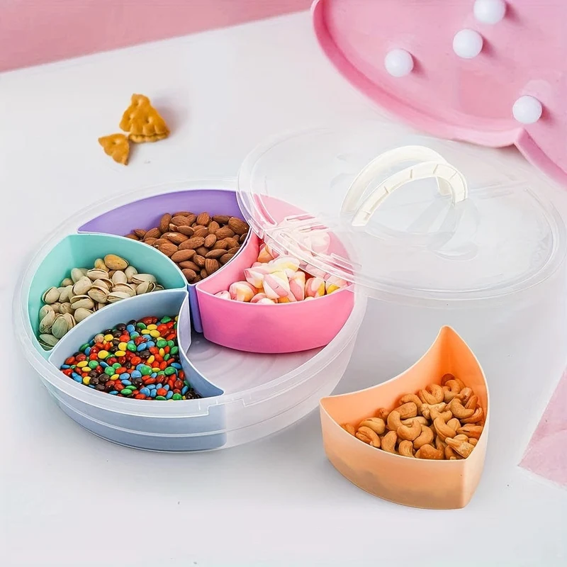 1 Stück Obst-Snack-Serviertablett mit Deckel, 30.99 cm großer Obst-Servierbehälter, 5 bunte Fächer, runde Vorspeisen-Servierplatte für Partys