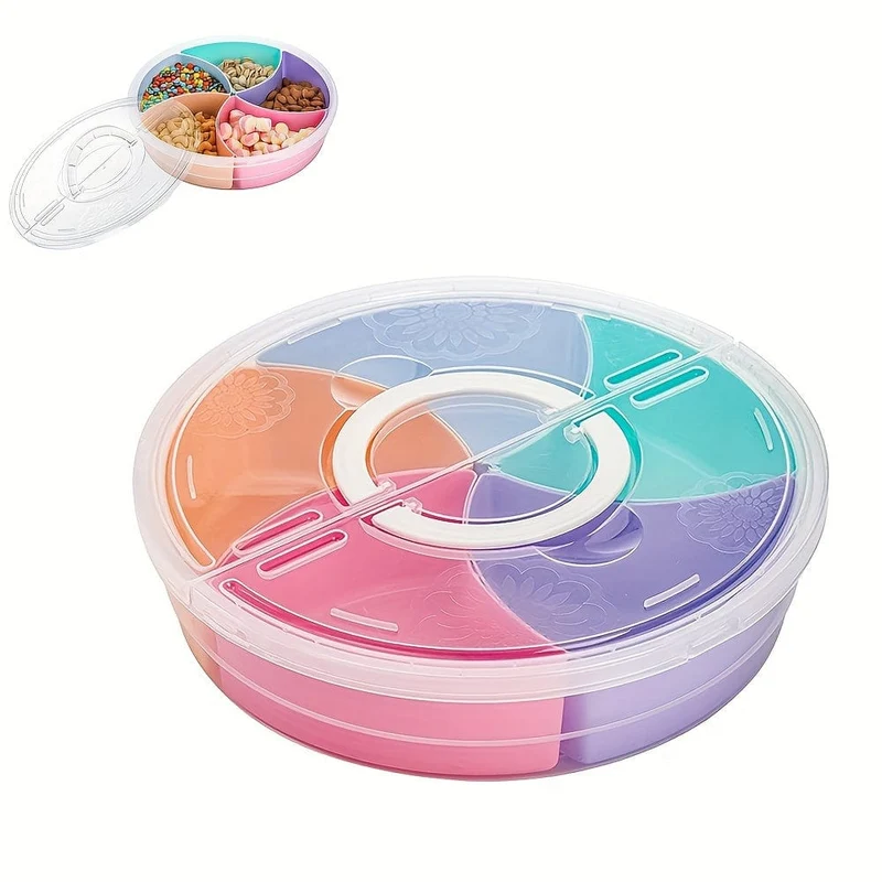 1 Stück Obst-Snack-Serviertablett mit Deckel, 30.99 cm großer Obst-Servierbehälter, 5 bunte Fächer, runde Vorspeisen-Servierplatte für Partys