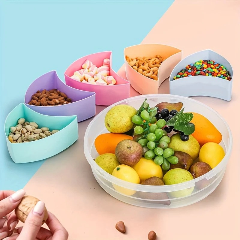 1 Stück Obst-Snack-Serviertablett mit Deckel, 30.99 cm großer Obst-Servierbehälter, 5 bunte Fächer, runde Vorspeisen-Servierplatte für Partys