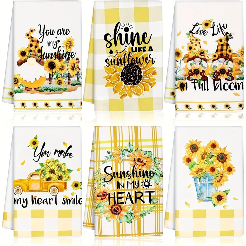 6-teiliges Handtuch-Set mit Sonnenblumen-Küchengeschirrtüchern, gelb-weißes Büffelkaro-Sonnenblumenmuster, Scheuerschwamm, Geschirrtücher für sommerliches Bauernhaus-Badezimmer, Küchenbedarf, Raumdekoration