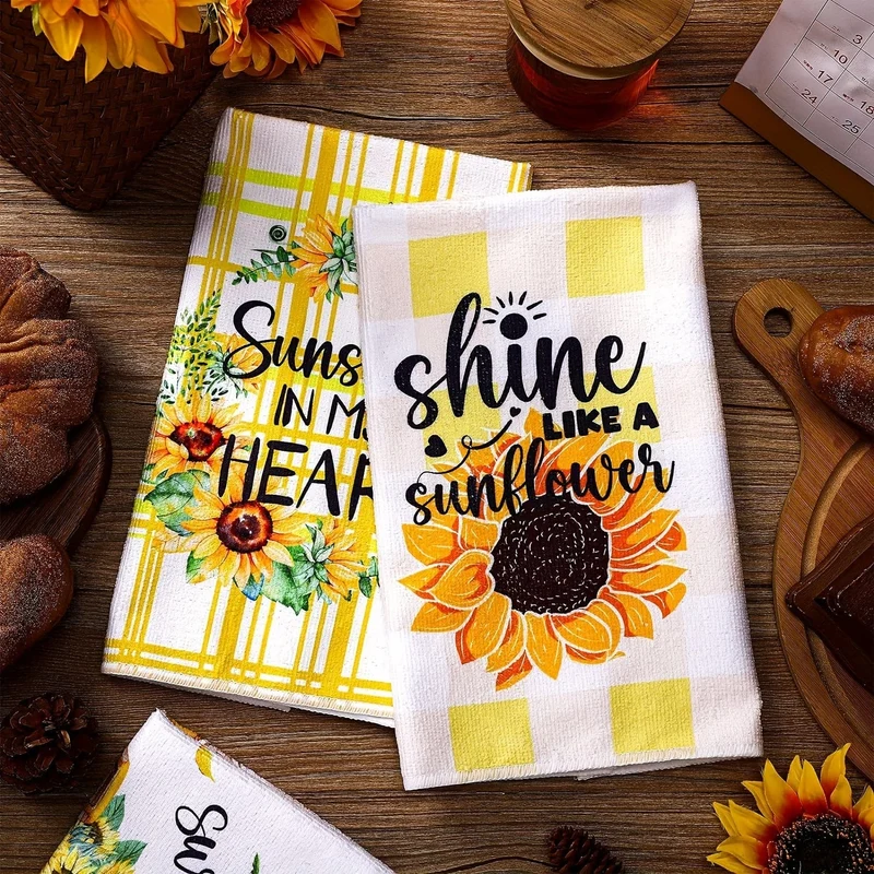 6-teiliges Handtuch-Set mit Sonnenblumen-Küchengeschirrtüchern, gelb-weißes Büffelkaro-Sonnenblumenmuster, Scheuerschwamm, Geschirrtücher für sommerliches Bauernhaus-Badezimmer, Küchenbedarf, Raumdekoration