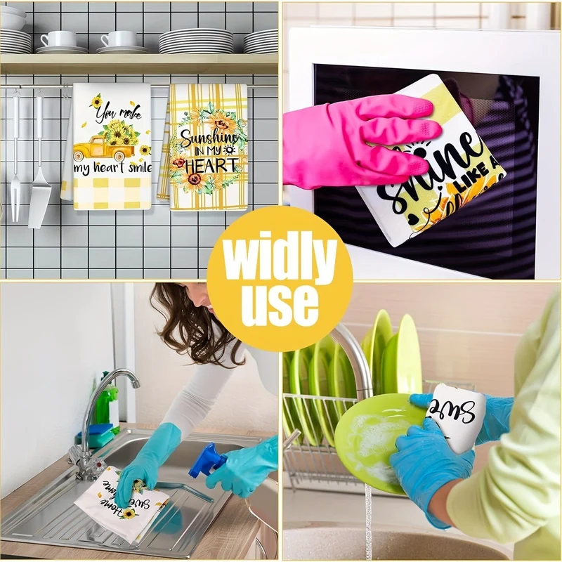 6-teiliges Handtuch-Set mit Sonnenblumen-Küchengeschirrtüchern, gelb-weißes Büffelkaro-Sonnenblumenmuster, Scheuerschwamm, Geschirrtücher für sommerliches Bauernhaus-Badezimmer, Küchenbedarf, Raumdekoration