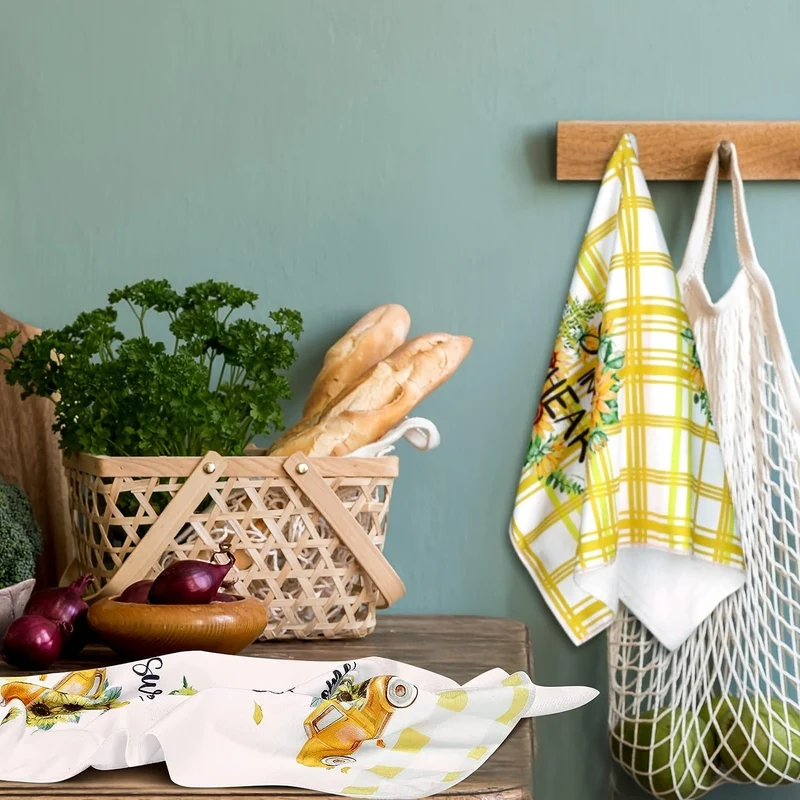 6-teiliges Handtuch-Set mit Sonnenblumen-Küchengeschirrtüchern, gelb-weißes Büffelkaro-Sonnenblumenmuster, Scheuerschwamm, Geschirrtücher für sommerliches Bauernhaus-Badezimmer, Küchenbedarf, Raumdekoration