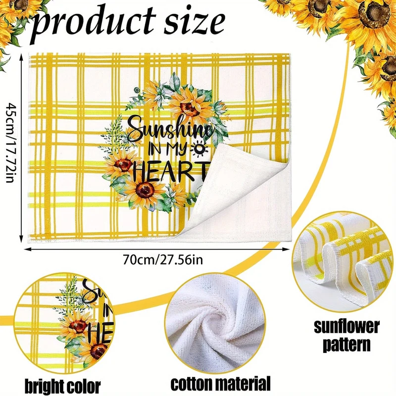 6-teiliges Handtuch-Set mit Sonnenblumen-Küchengeschirrtüchern, gelb-weißes Büffelkaro-Sonnenblumenmuster, Scheuerschwamm, Geschirrtücher für sommerliches Bauernhaus-Badezimmer, Küchenbedarf, Raumdekoration