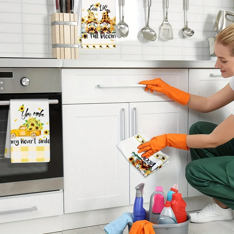 6-teiliges Handtuch-Set mit Sonnenblumen-Küchengeschirrtüchern, gelb-weißes Büffelkaro-Sonnenblumenmuster, Scheuerschwamm, Geschirrtücher für sommerliches Bauernhaus-Badezimmer, Küchenbedarf, Raumdekoration