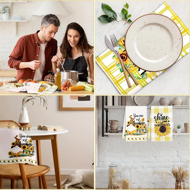 6-teiliges Handtuch-Set mit Sonnenblumen-Küchengeschirrtüchern, gelb-weißes Büffelkaro-Sonnenblumenmuster, Scheuerschwamm, Geschirrtücher für sommerliches Bauernhaus-Badezimmer, Küchenbedarf, Raumdekoration
